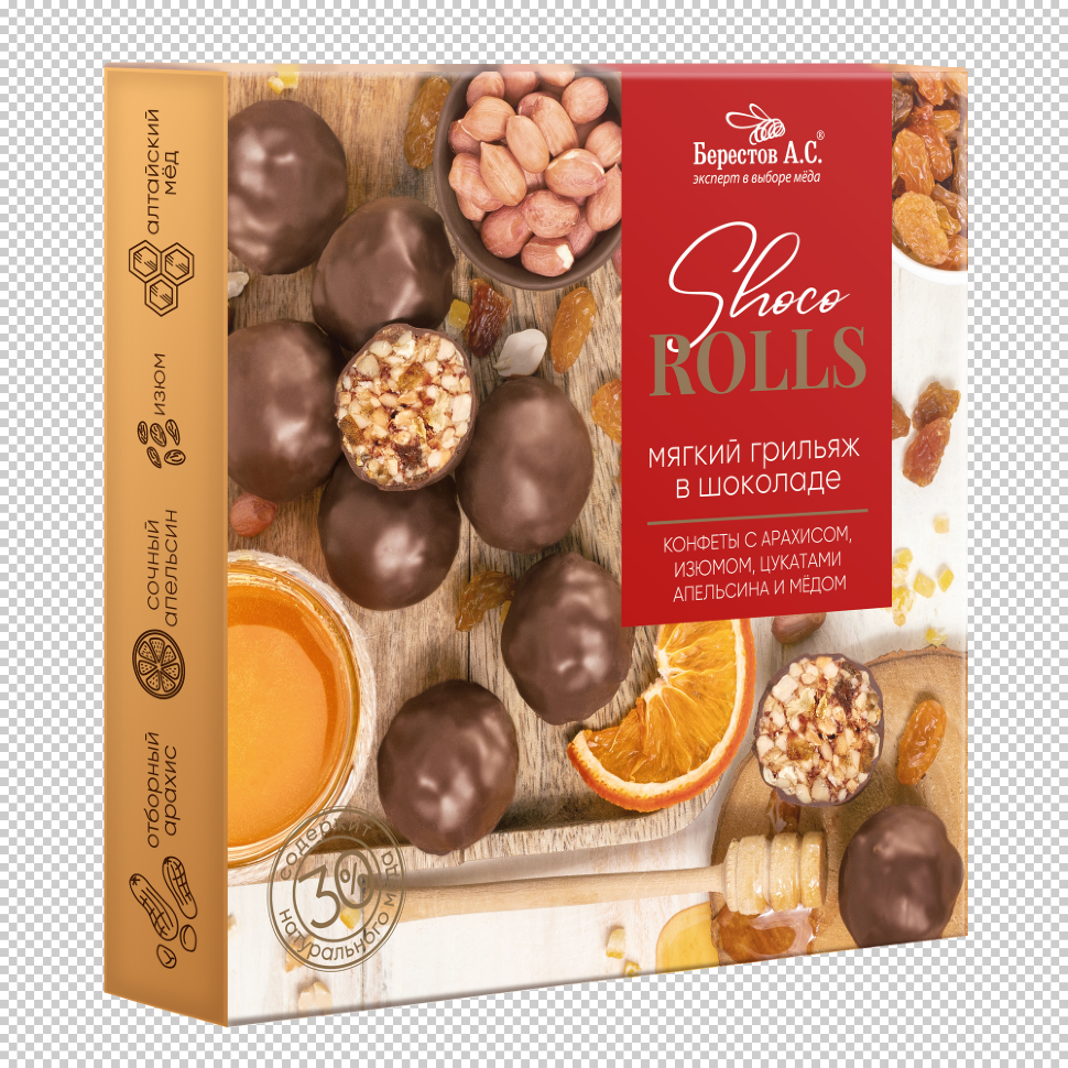 Берестов Shoco Rolls конфеты с арахисом, изюмом, цукатами апельсина и медом,  135г в Лиски